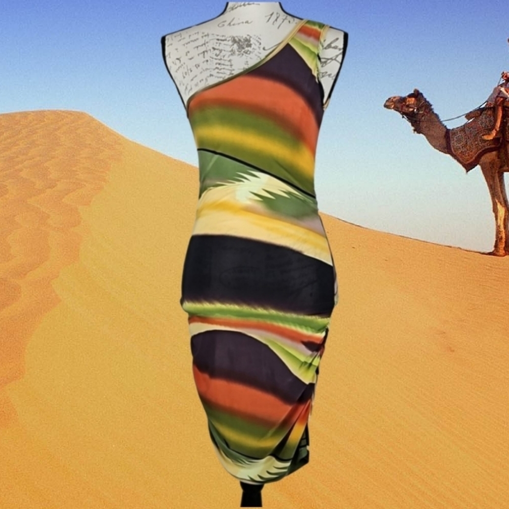 Vintage Southwestern Desert Sunset One Shoulder Ruched Bodycon Dress